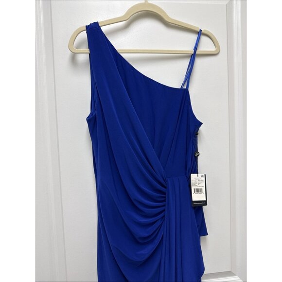 Adrianna Papell Size 12 Blue One Shoulder Jersey Maxi Dress Gown Cocktail Formal - Picture 4 of 11